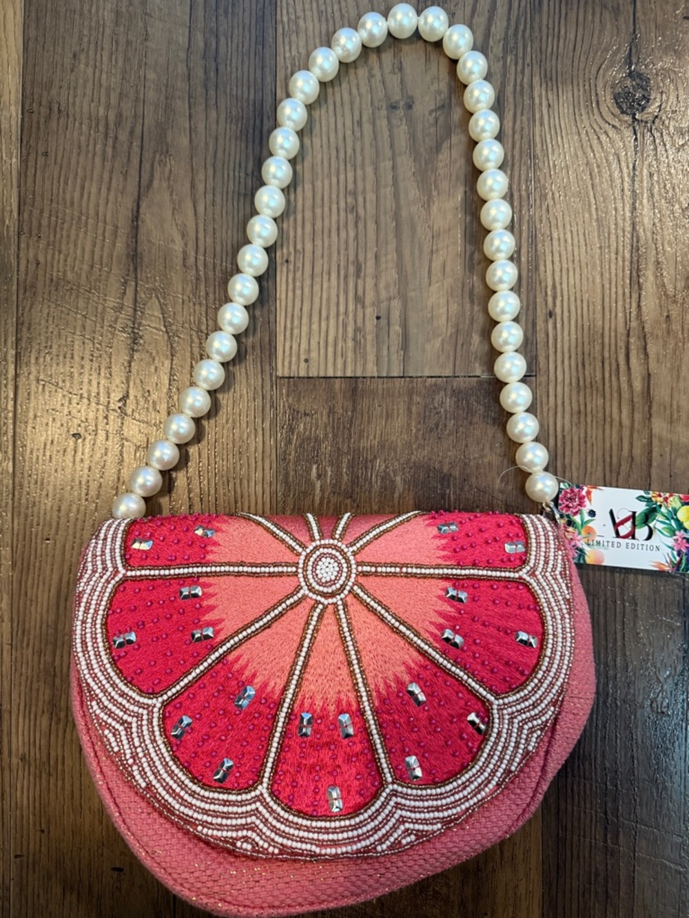 Embellished Pink Beaded Clutch with Pearl Handle